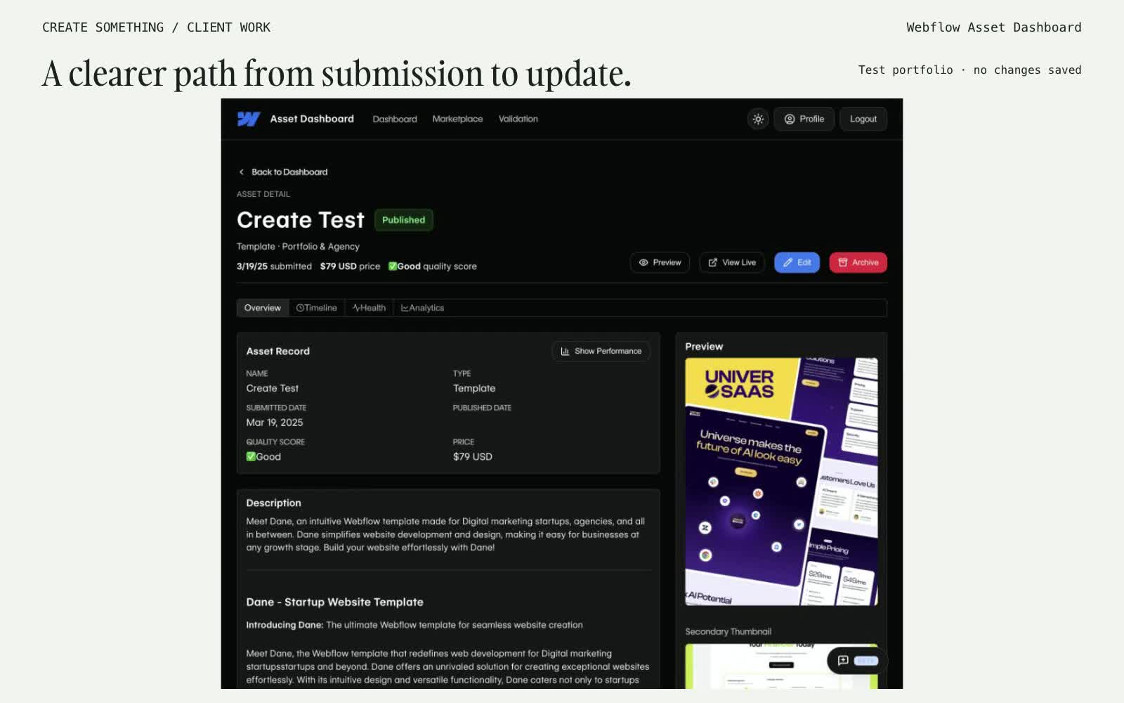 Webflow Asset Dashboard showing a test portfolio