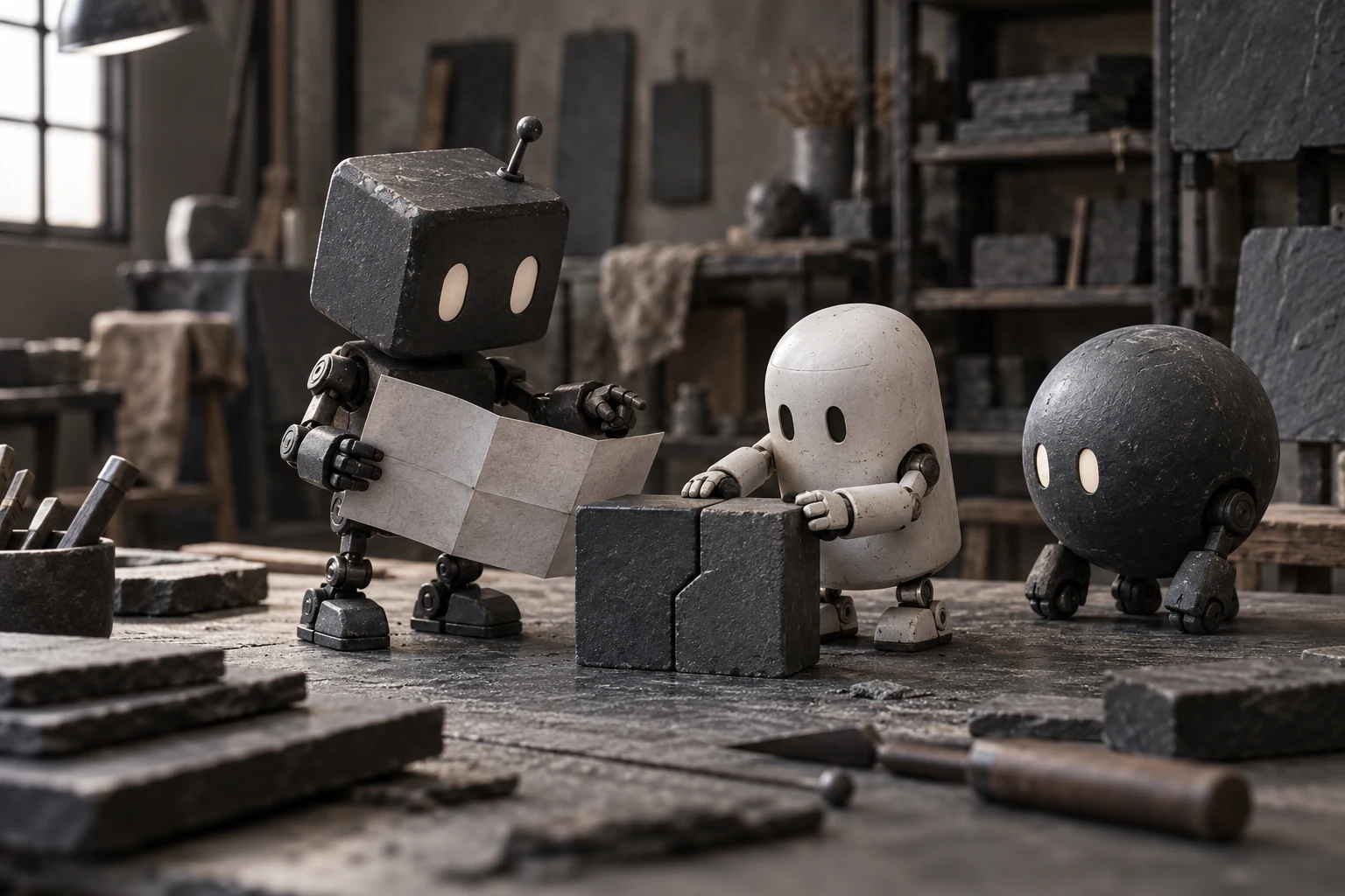 Concept illustration: Canon shares a working guide while two assistants practice with the connected modules.