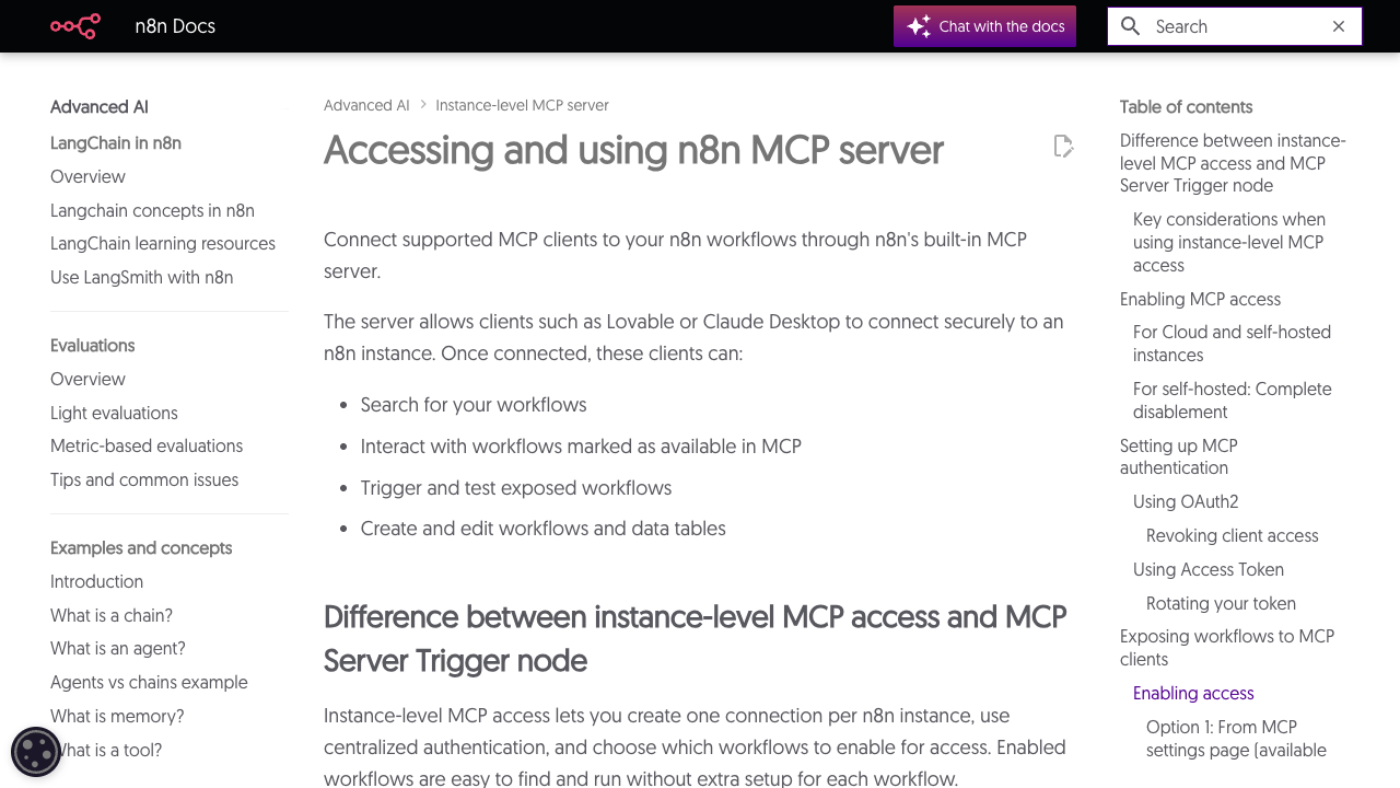 Screenshot of n8n documentation describing instance-level MCP access.