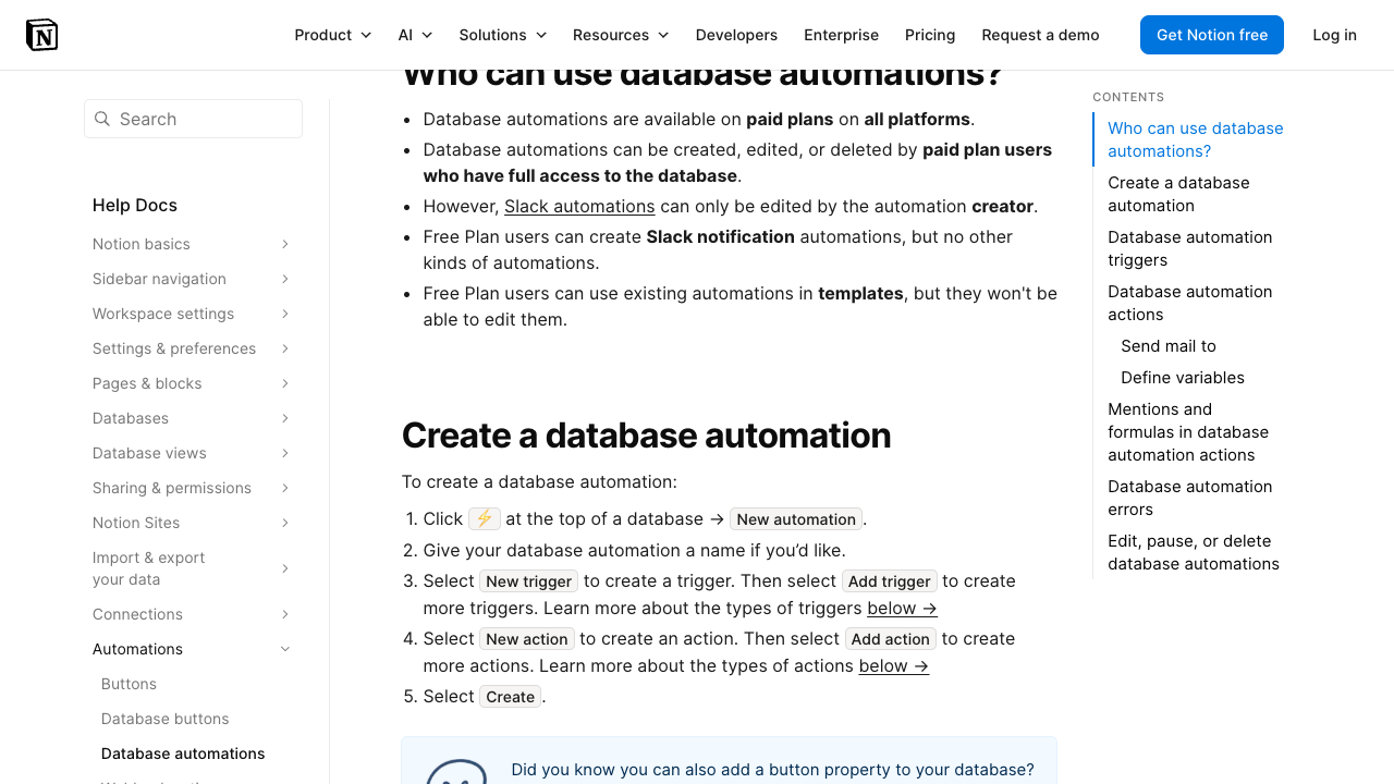 Screenshot of Notion documentation describing database automations.