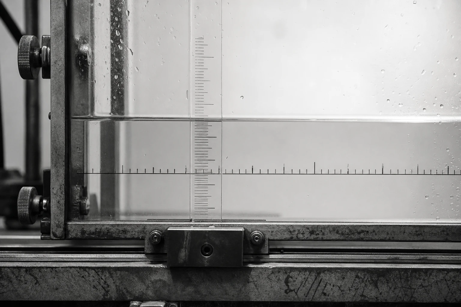 A calibration scale and datum line remaining legible through still water in a glass inspection rig