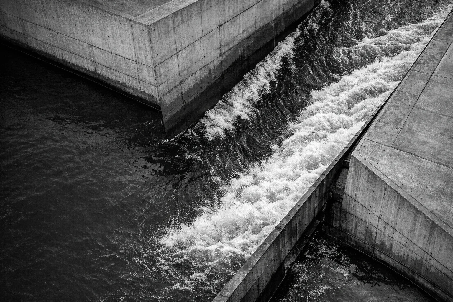 Black-and-white view of water moving through an engineered channel
