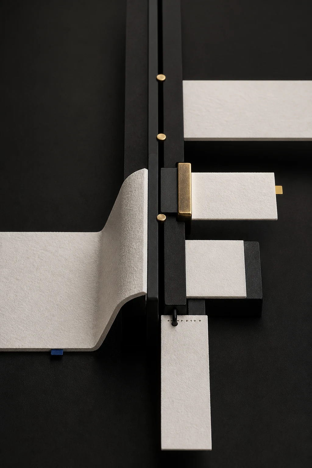 A porcelain paper decision path held at a black authority spine, where open, clamped, and stopped edges remain attached to a blank receipt.