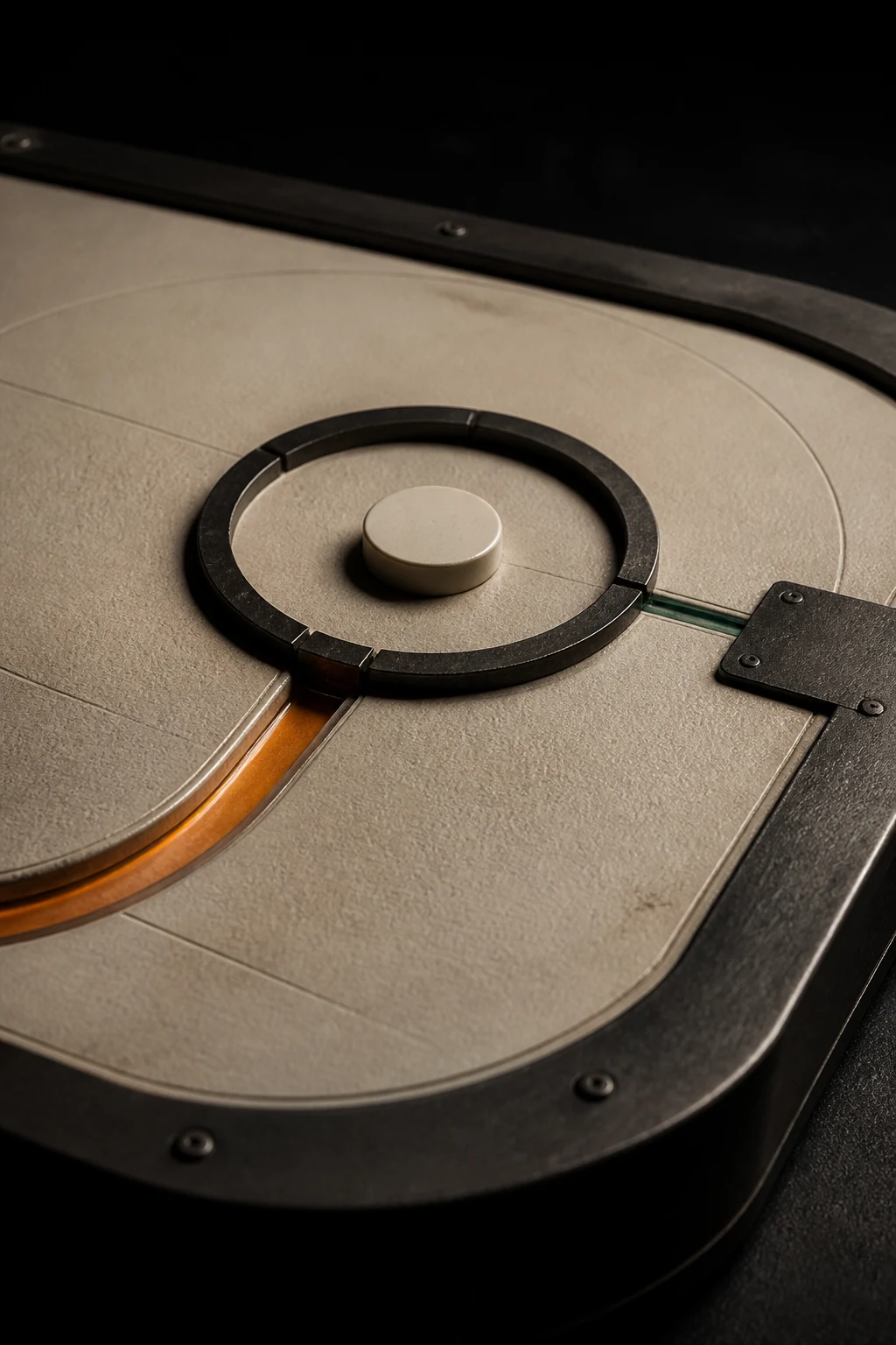 Macro-real Playbook decision gate: an ivory AI-agent marker held inside a black steel ring as amber and proof-green routes cross a physical court surface.