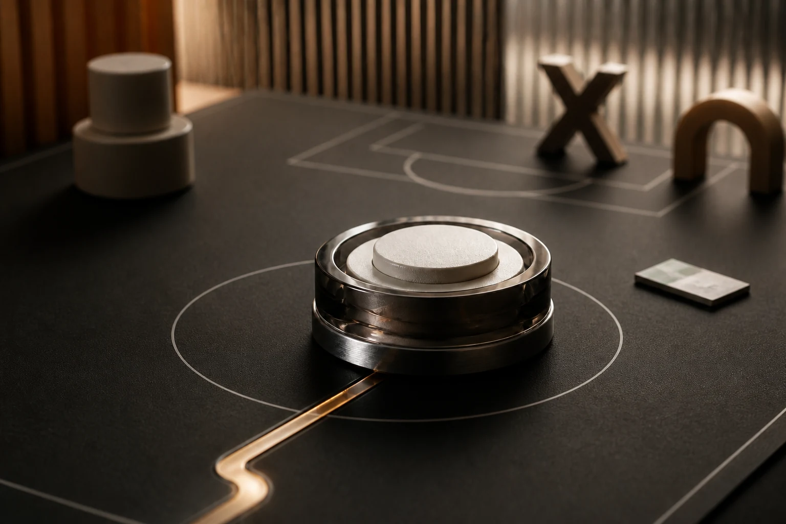 Macro-real Playbook court with an ivory AI-agent marker held inside a smoked-metal ring and approached by an amber workflow route.