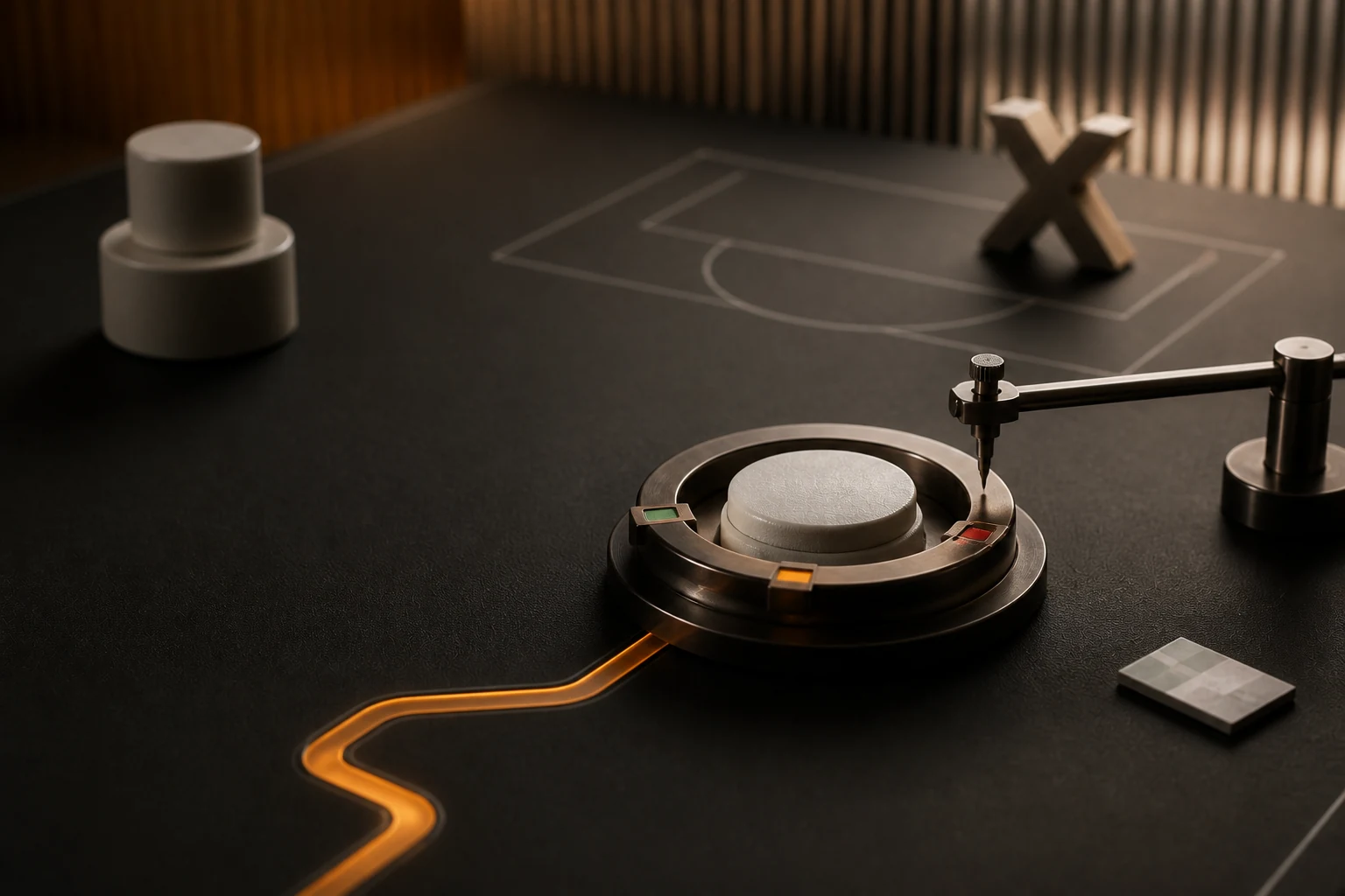 Macro 3D Playbook court with an AI agent seated in a calibration rig.