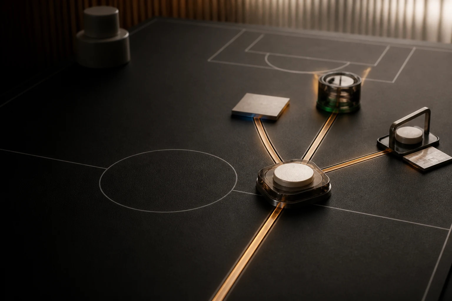 Macro 3D Playbook court with an AI agent at a three-path operating junction.