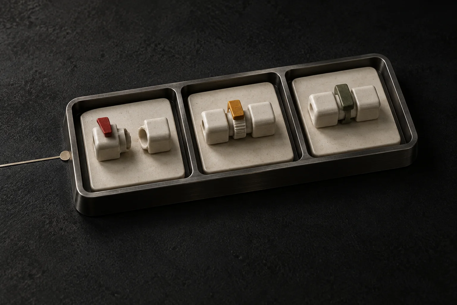 Three findings in a metal tray: a disconnected joint to fix, an adjustable connection to improve later, and an intact connection to retain.